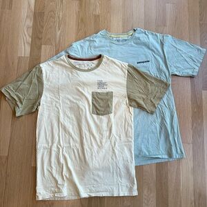 Patagonia Light Blue Tee and Cream Graphic Pocket Tee Size S